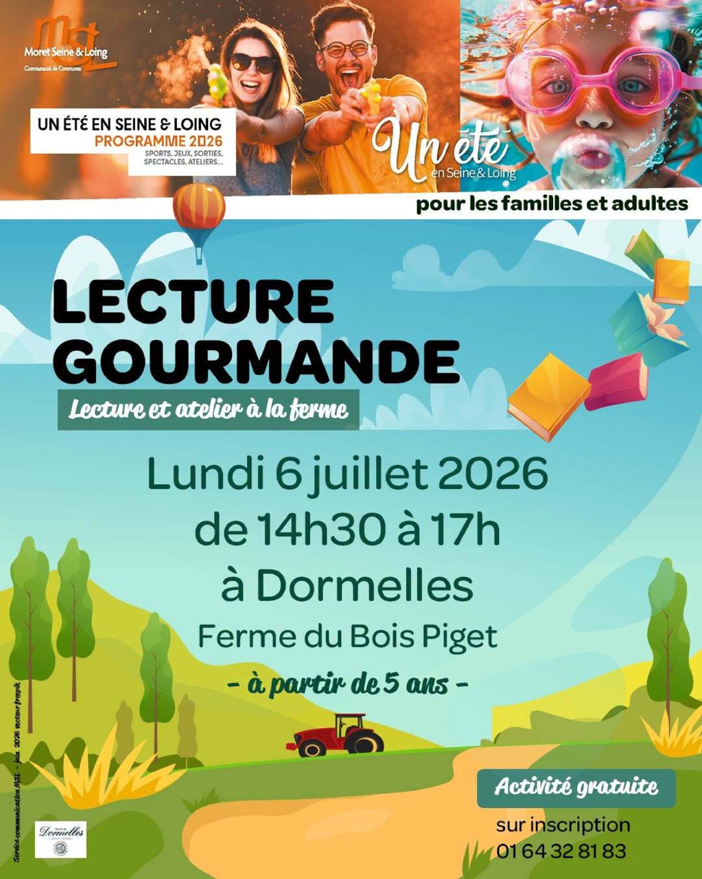 flyer de la lecture gourmande à Dormelles le 6 juillet 2026 de 14h30 à 17h 