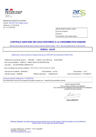 Contrôle sanitaire de l'eau du 15/09/2025
